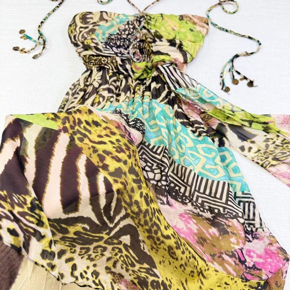 Cocoon Y2K Silk Animal Print Halter Dress Handkerchief Hem Sequin Accents Size 0 - Picture 6 of 8